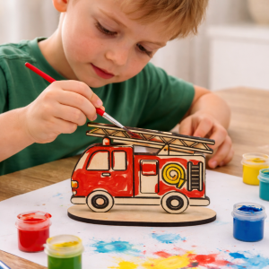Enfant peint un camion de pompier en bois