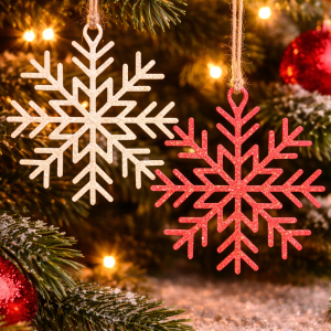 flocon de noel rouge argent en bois a acrocher au sapin