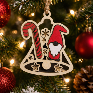 pere noel en bois rouge dans une cloche a accrocher au sapin